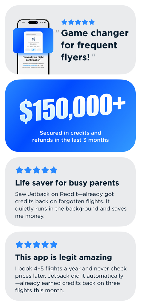 User reviews and savings statistics for the JetBack flight price monitoring app.