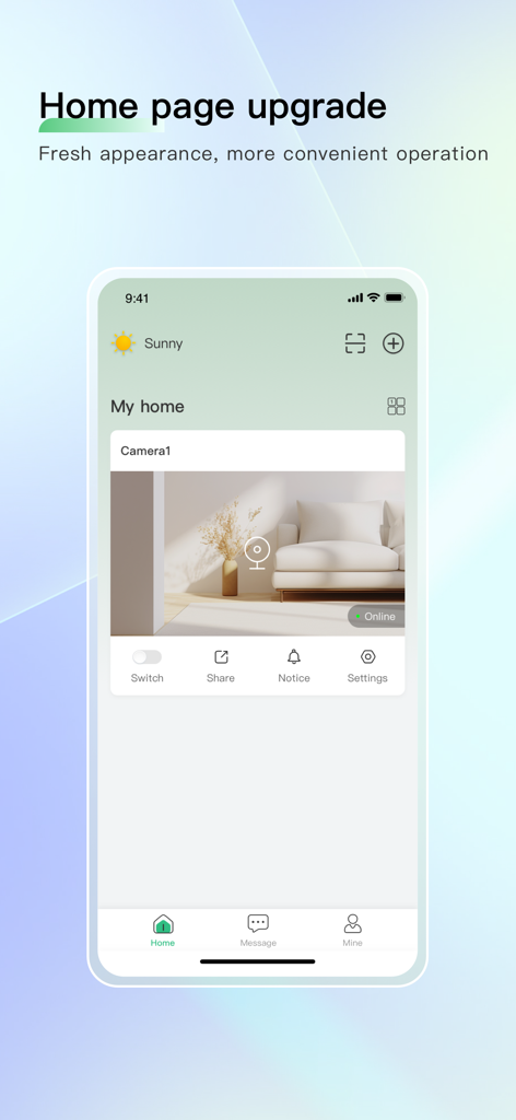 Ziicam - Pantalla de inicio de la aplicación Ziicam mostrando una transmisión de cámara de seguridad en vivo de una sala de estar
