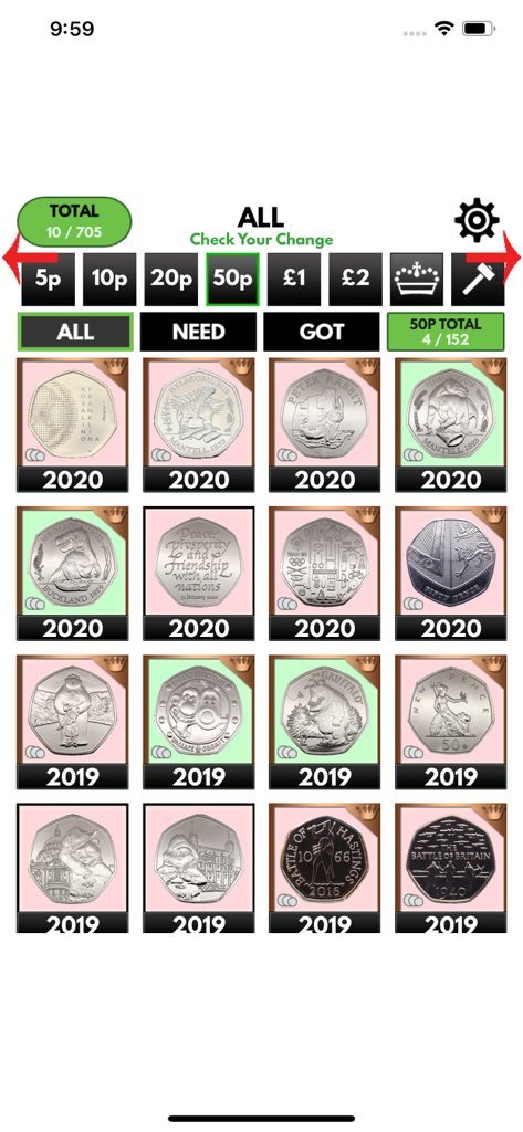 Check Your Change - A mobile app screen showing a collection of UK 50p coins with status filters and year marks