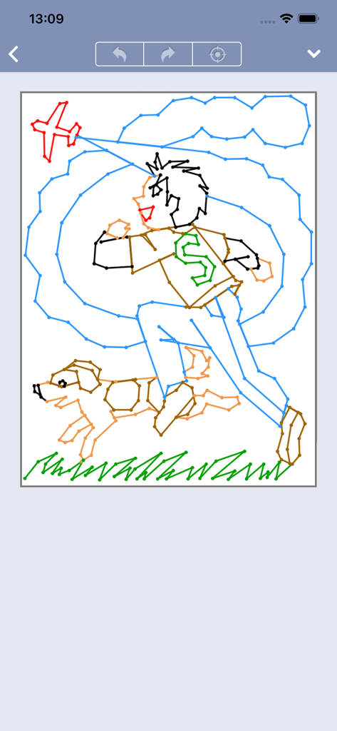 뛰어가는 남자와 그의 개를 묘사한 완성된 색칠 점 잇기 퍼즐