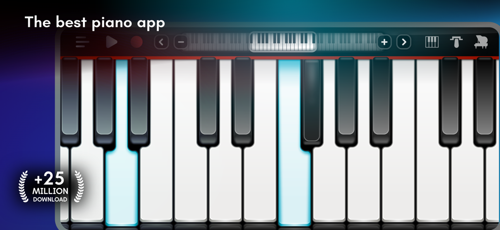 Digital keyboard interface of the Real Piano app with highlighted keys
