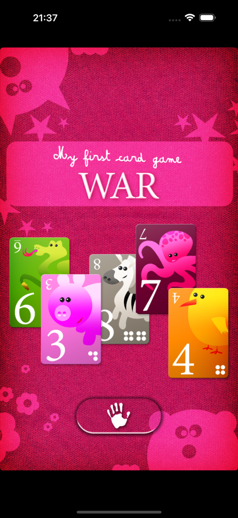 Pantalla de inicio de la aplicación Mi Primer Juego de Cartas: Guerra con cartas coloridas con animales y números