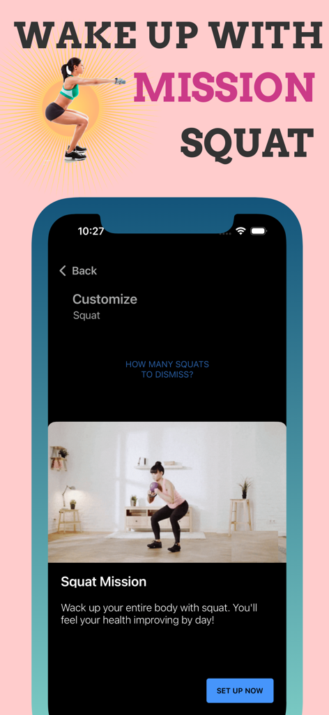 Alarmy . Smart Alarm Clock - Screenshot der Alarmy App, der den Setup-Bildschirm für die Kniebeugen-Aufgabe zeigt, bei der Benutzer Kniebeugen ausführen müssen, um ihren Wecker zu deaktivieren.