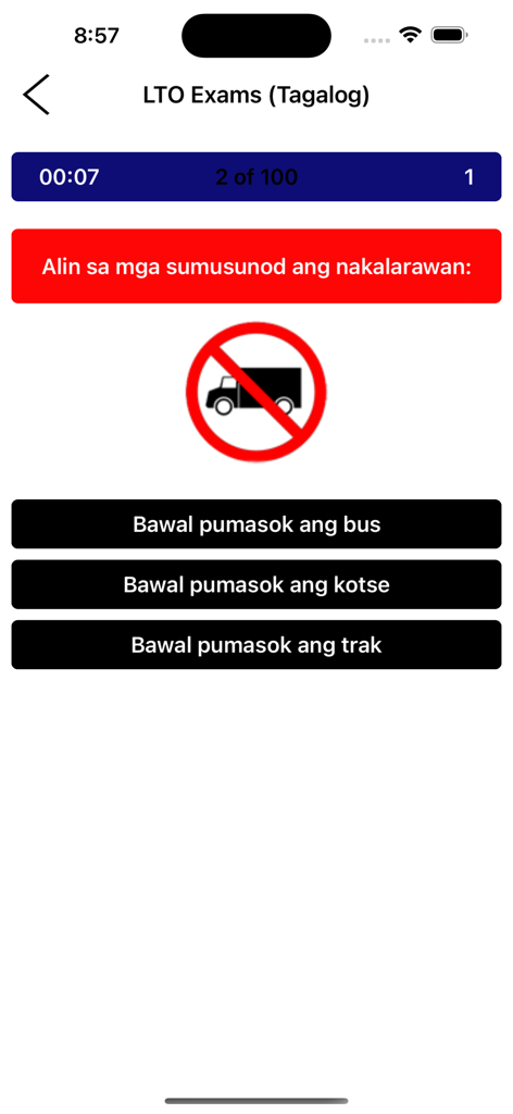 LTO Driver's License Exam Test - LTO Driver's License practice exam in Tagalog with a traffic sign identification question