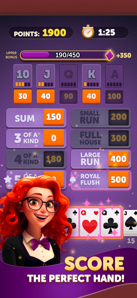 Gameplay screen from Yatzy Cards showing a scoring board with card hands and a royal flush combination.