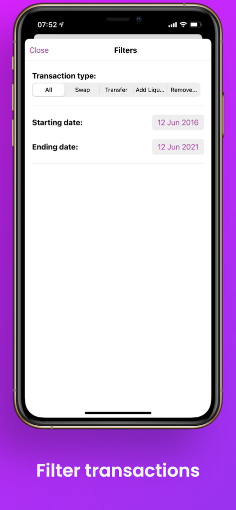 Polygon Chain Explorer app filter screen showing transaction types like swap and transfer and date range selection