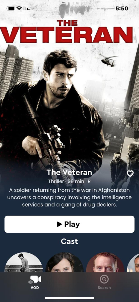 Movie details page for the thriller The Veteran on The Stream mobile app