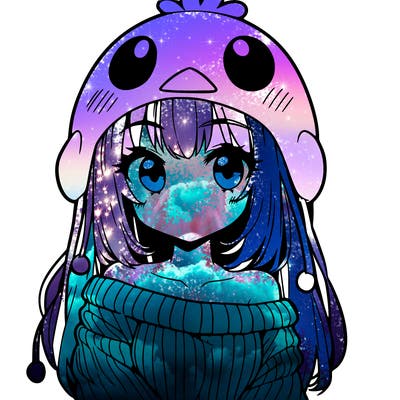 anime girl with chick shaped hat with sweater with bare shoulders with bangs covering them one eye with low tail