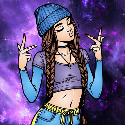 realistic teenage girl with braids and a beanie and crop top doing 🫶🏼