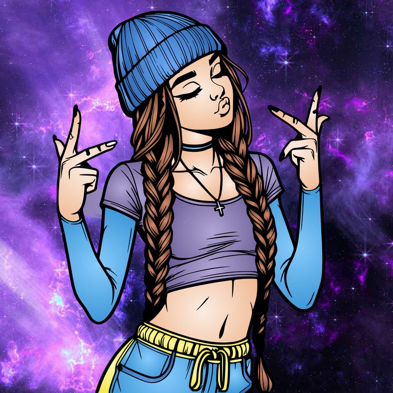 realistic teenage girl with braids and a beanie and crop top doing 🫶🏼