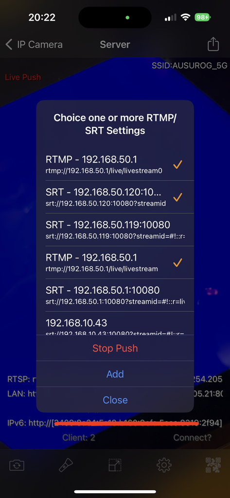 IP Camera Pro - RTMP and SRT streaming configuration settings in IP Camera Pro
