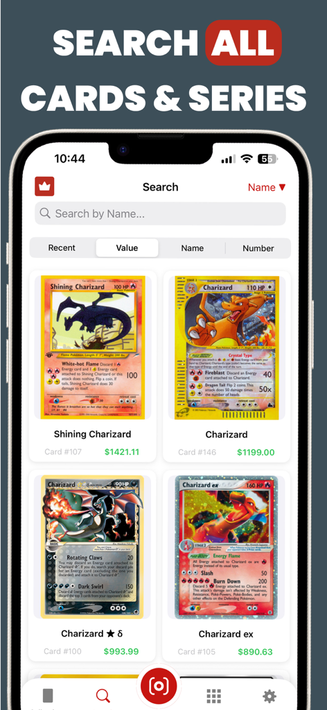 Écran de recherche de l'application PokeScope montrant diverses cartes Charizard avec leurs valeurs marchandes en temps réel