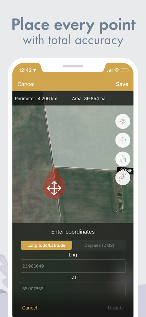 GPS Fields Area Measure Map - Interface do aplicativo GPS Fields Area Measure mostrando cálculo de área de campo e entrada de coordenadas de latitude e longitude em um mapa de satélite
