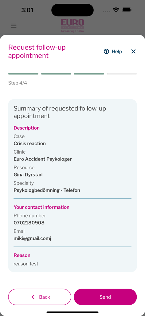 Euro Accident 2.0 - A mobile screen showing the final summary step for requesting a follow-up appointment in the Euro Accident app