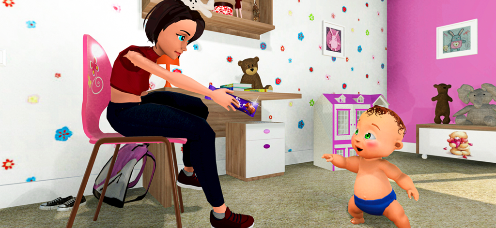 A virtual baby reaching for a chocolate bar held by a woman in a colorful 3D bedroom