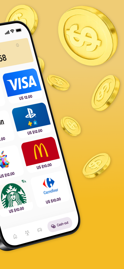 Pantalla de la aplicación móvil Golden Surveys que muestra opciones de recompensa como tarjetas de regalo de Visa, PlayStation y McDonald's con monedas de oro flotantes.