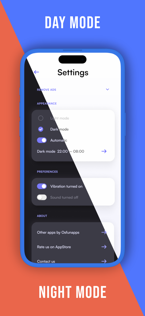 Viz Smart TV remote app settings screen showing day and night mode themes.