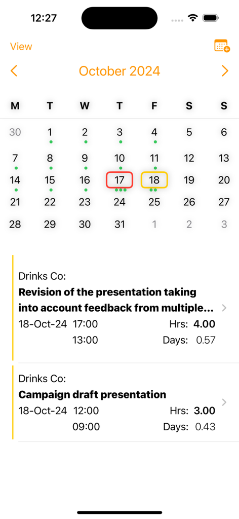 Time Logger - Calendar view of the Time Logger app displaying daily work activities and logged hours for professional clients.