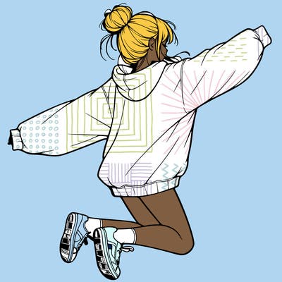 realistic girl jumping with a bun and oversized sweatshirt