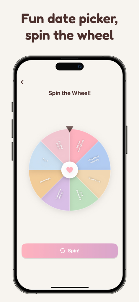Pookie - Raise a shared pet - Una pantalla de una app móvil que presenta una rueda giratoria colorida con ideas de citas para parejas