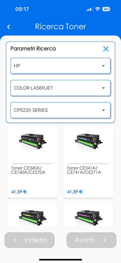 Punto Rigenera - Schermata di ricerca per cartucce toner per stampanti con elenchi di prodotti HP e prezzi