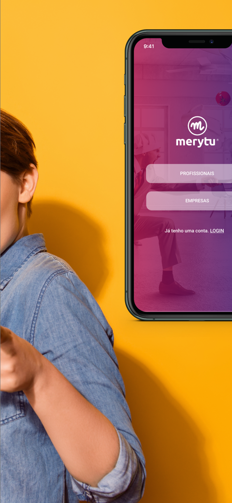merytu - Un smartphone mostrando la pantalla de inicio de sesión de la aplicación merytu con opciones para profesionales y empresas sobre un fondo amarillo