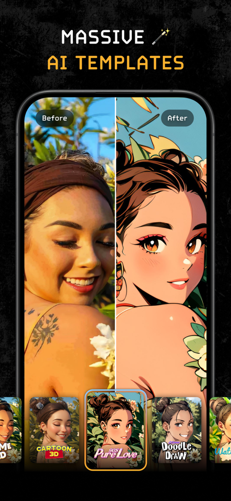 MOVA - AI Video Editor - A side-by-side comparison of a real photo and its anime-style transformation using AI video templates.