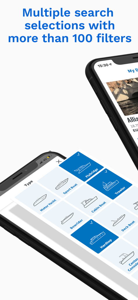 Interfaccia dell'app Boat24 che mostra molteplici filtri di ricerca per diversi tipi di barche