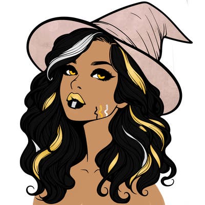 realistic witch girl with wavy hair and lips