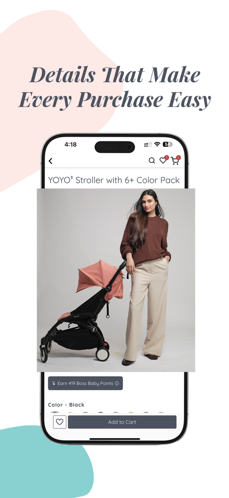 Mobile app product page for a YOYO3 stroller showing a stylish woman standing next to a compact pink stroller.