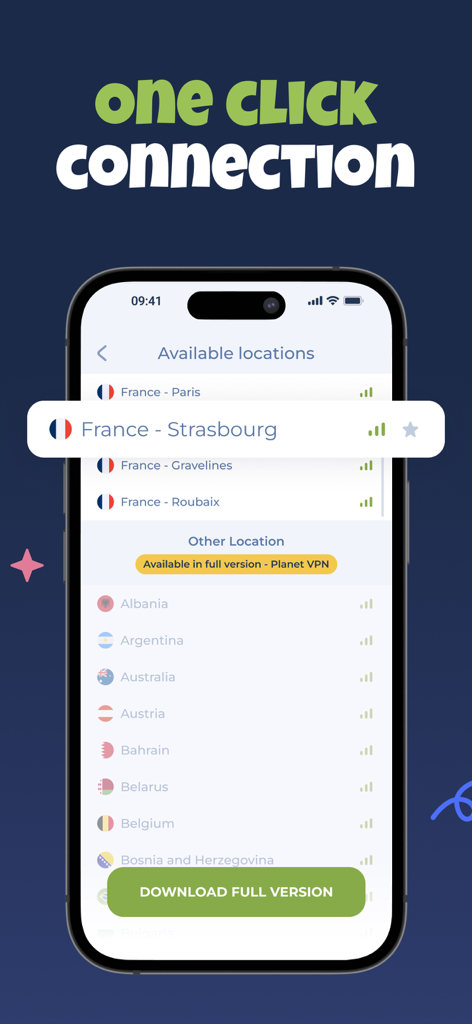 Liste der verfügbaren französischen VPN-Serverstandorte in der App-Oberfläche