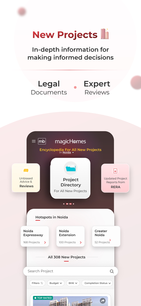 Magicbricks app screen showcasing new real estate projects with legal documents and expert reviews