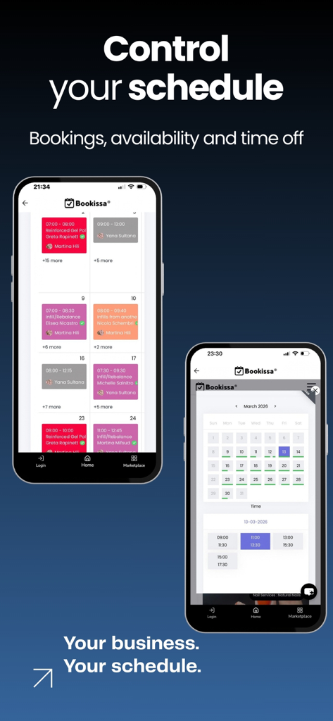 Bookissa - Bookissa mobile app interface showing scheduling and calendar management for beauty professionals