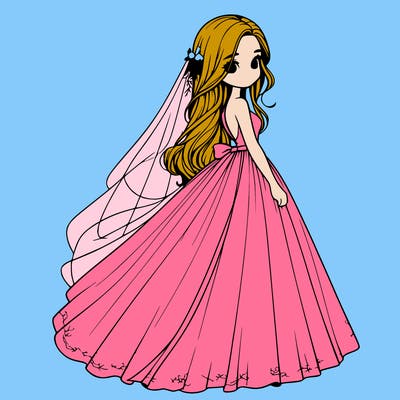 realistic girl in flowing wedding dress