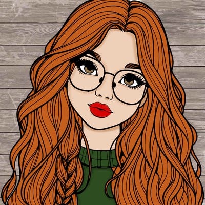 girl with long hair and freckles and glasses realistic