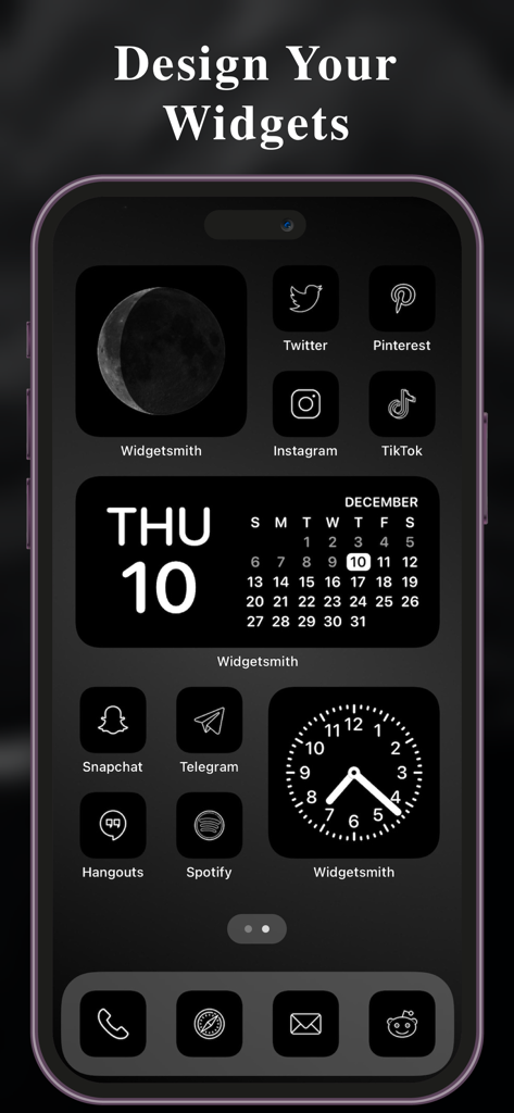 Color Themes: App Icons,Widget - Écran d'accueil iPhone en mode sombre minimaliste présentant des icônes et des widgets noirs et blancs personnalisés pour le calendrier et l'horloge