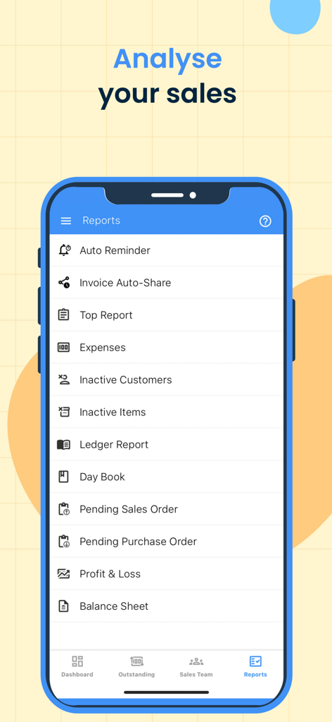 Biz Analyst App for Tally User - Interfaz de la aplicación Biz Analyst mostrando una lista de informes comerciales para análisis de ventas y seguimiento financiero.