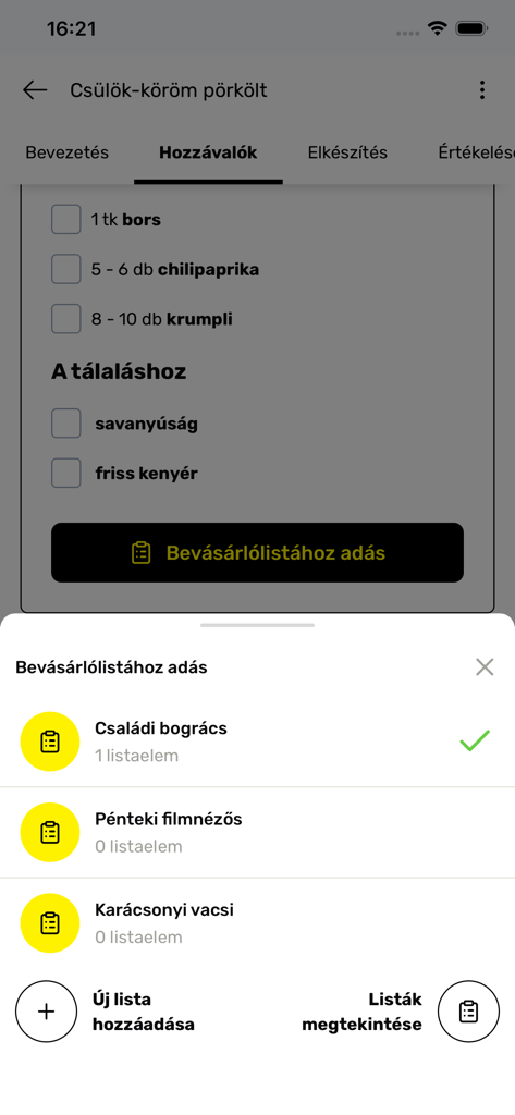 Street Kitchen mobile app interface showing recipe ingredients and shopping list selection options