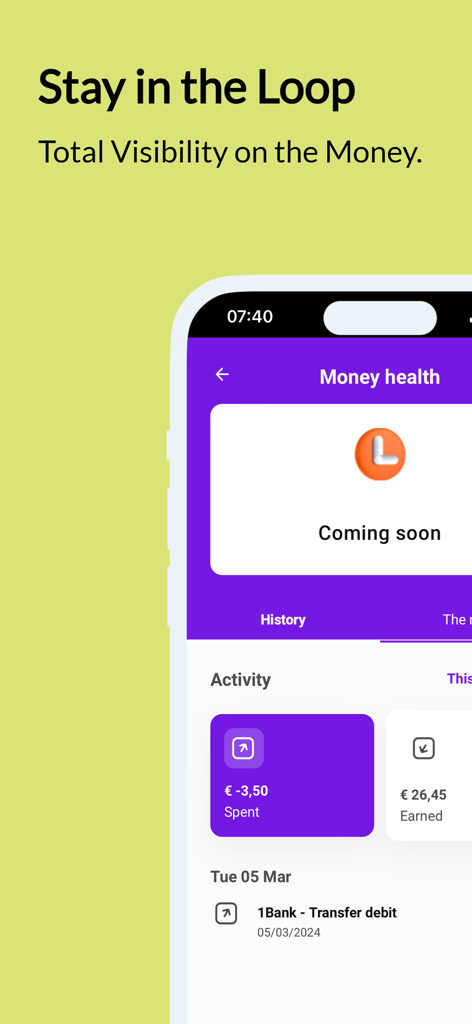 Joey: Teen Banking - Schermata dell'app di banking per adolescenti Joey che mostra le attività della cronologia di spesa e guadagno