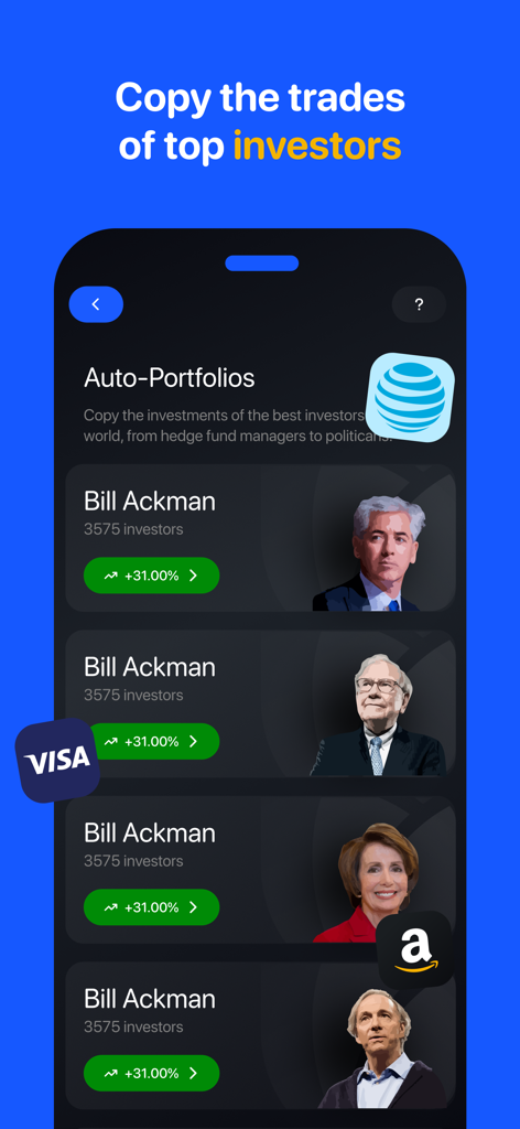 Bloom mobile app screen showing the copy trades of top investors feature