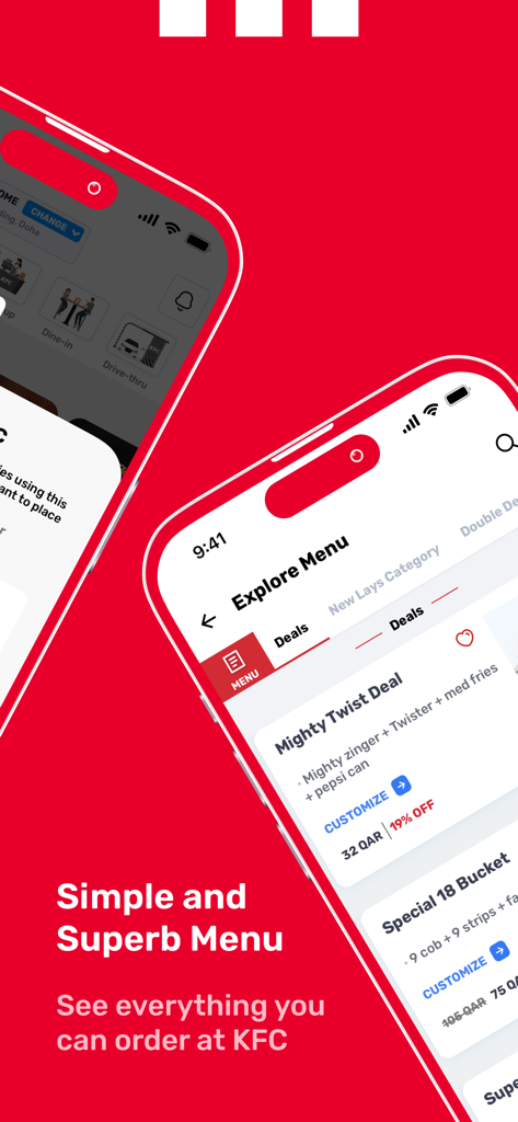 KFC Qatar - KFC Qatar mobile app menu screen displaying exclusive deals and bucket meals on a red background
