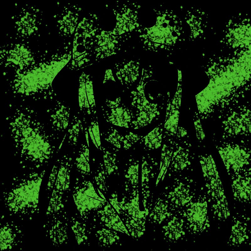 girl with anime shaped eyes with a dinosaur bucket hat oversized sweatshirt long straight hair