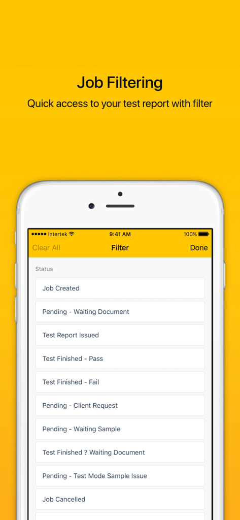 Intertek - Job Tracker - Uma tela móvel mostrando opções de filtragem de status de trabalho no aplicativo Intertek Job Tracker.