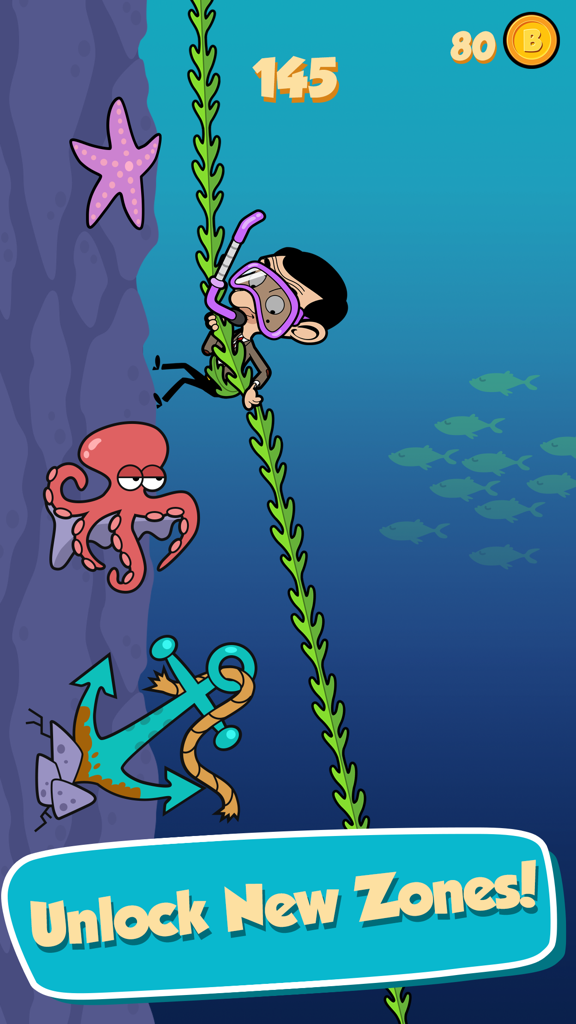 Mr Bean - Risky Ropes - Mr. Bean trägt Schnorchelausrüstung, während er sich in der Unterwasserzone des Spiels Risky Ropes an Algen hinabseilt.