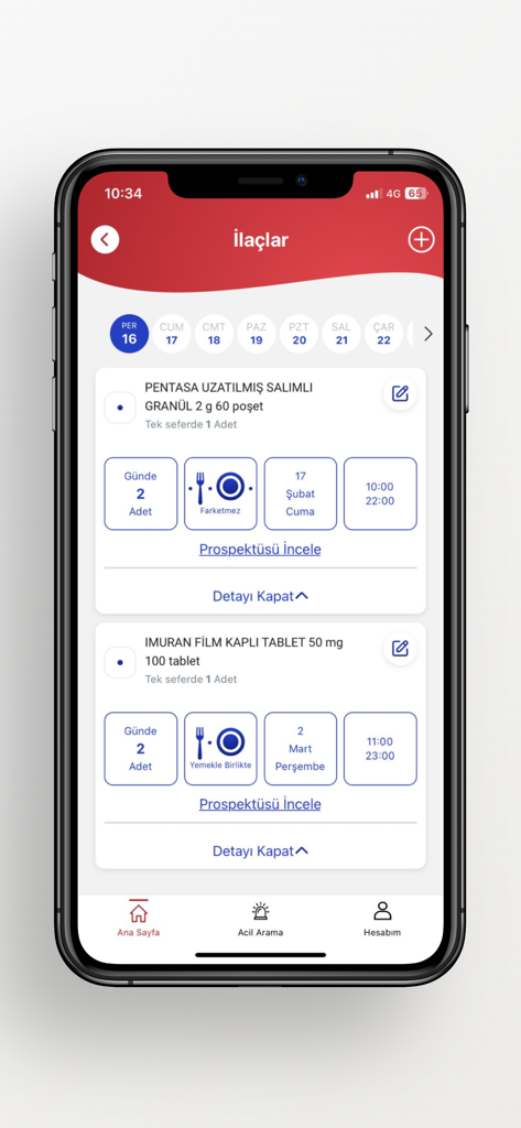 Mobile screen from Koç Healthcare app showing a medication schedule with drug names dosages and timing instructions