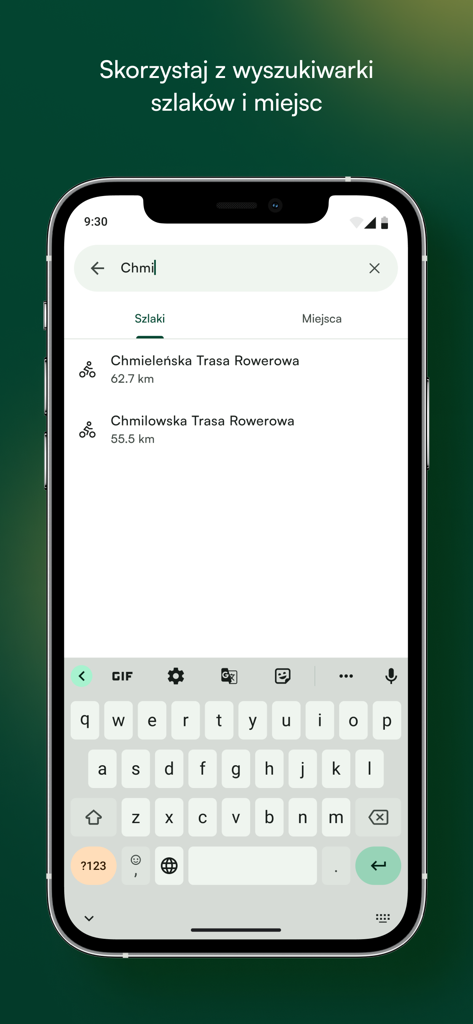 Velomapa - Velomapa Mobile App-Oberfläche, die eine Suche nach Radwegen in Polen zeigt