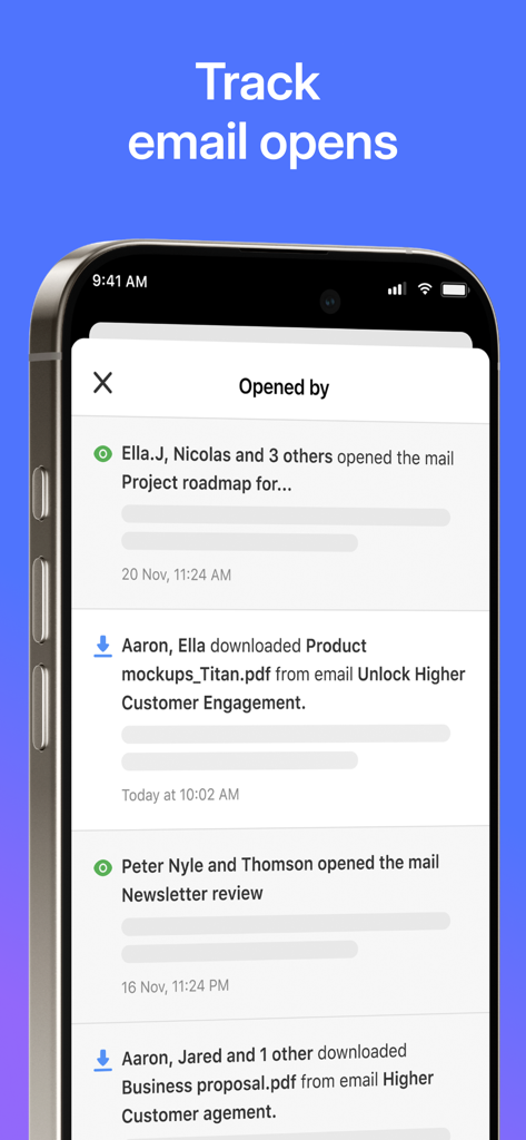 Neo Email & AI Site Creator - Interface de l'application Neo pour le suivi des ouvertures d'e-mails professionnels et des téléchargements de pièces jointes.