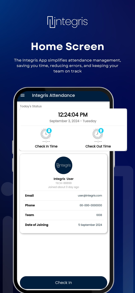 Integris: Attendance App - Tela inicial do aplicativo Integris de frequência mostrando check-in de funcionários e recursos de gerenciamento de perfil.
