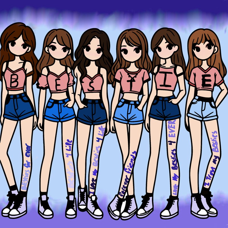 a group of girls wearing crop tops and shorts