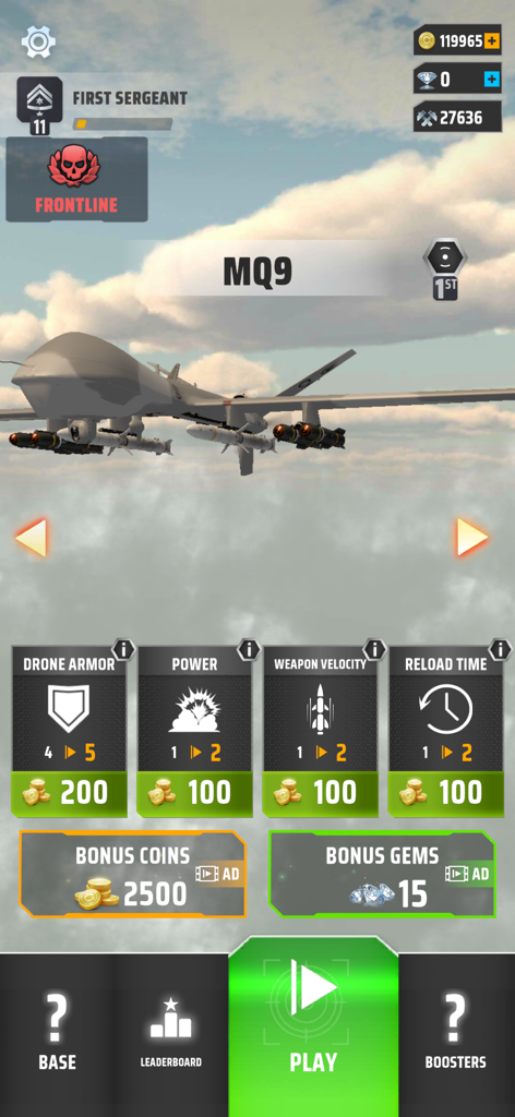 Drone Strike Military War 3D - Menu de mise à niveau du drone MQ9 dans Drone Strike Military War 3D montrant les statistiques d'armure et de puissance de feu.